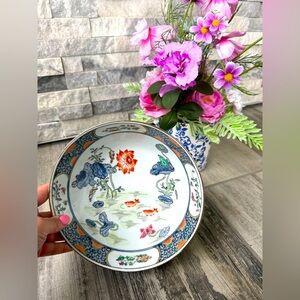 1960s Vintage Chinoiserie Hand Painted Lotus Bowl with Koi Fish Decorative Bowl